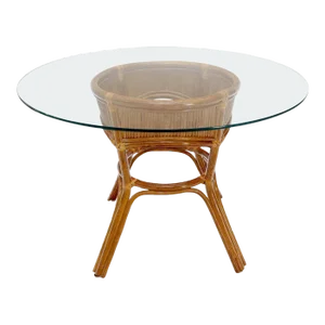 Bamboo Rattan Base Round Glass Top Dining Dinette Table