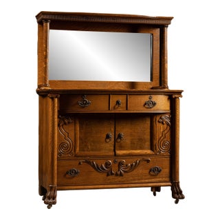 Antique Empire Revival Oak Clawfoot Sideboard With Mirror For Sale