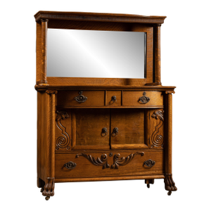 Antique Empire Revival Oak Clawfoot Sideboard With Mirror