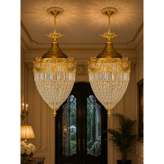 Bronze 1980 French Louis XVI Gold Bronze Crystal Lanterns Pair For Sale - Image 8 of 12