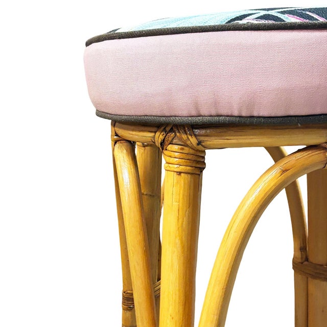 Wood Restored MCM Single Stand Arched Rattan Bar Stool W/ Bark Cloth Seat, Pair For Sale - Image 7 of 8