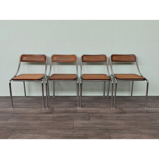 Italian Chairs in Chromed Metal and Vienna Straw, 1970s, Set of 4 For Sale - Image 14 of 14