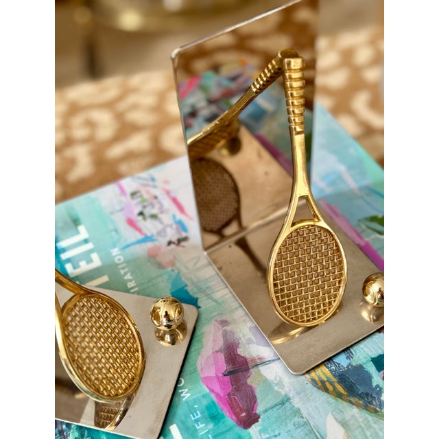 Vintage Chrome and Brass Tennis Racket and Tennis Ball Bookends- A Pair For Sale - Image 6 of 6