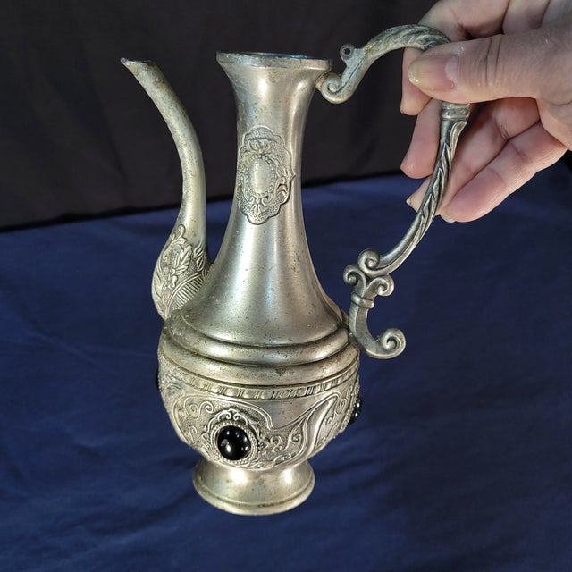 Vintage Pewter Ornate Pitcher With Inset Stones For Sale - Image 9 of 11