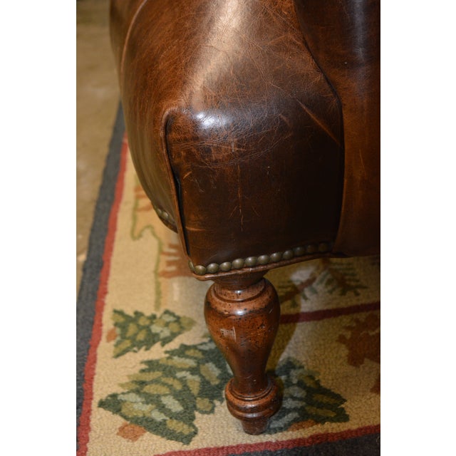 1990s Pair Tufted Back Brown Leather Arm Club Chairs High Back - English Library / Cigar Lounge For Sale - Image 15 of 17