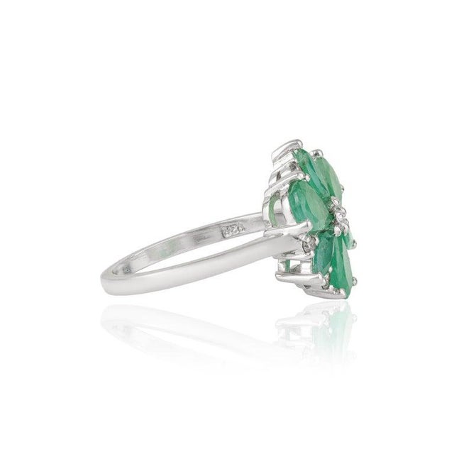 Green Emerald & Diamond Floral Statement Ring in 925 Sterling Silver, Us Size 7.5 For Sale - Image 8 of 15