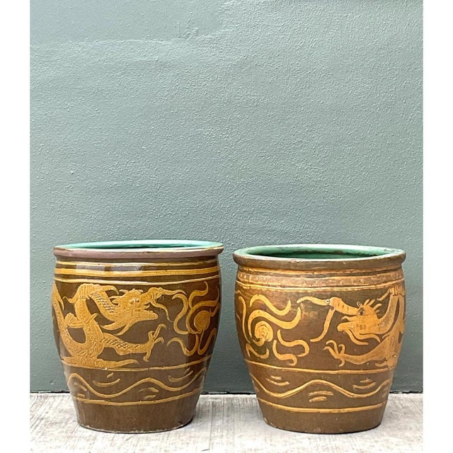 Chinese Vintage Chinese Dragon Motif Ceramic Planters - Pair For Sale - Image 3 of 12