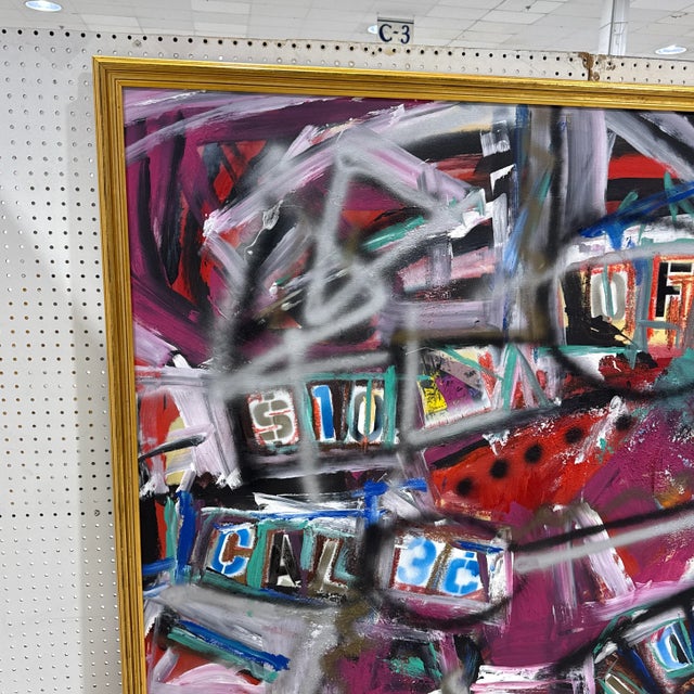 Abstract Vintage Abstract Graffiti Style Street Life Abstract Painting by Listed Artist Cecilia Mayr “Sneakers & Makeup" Framed For Sale - Image 3 of 12