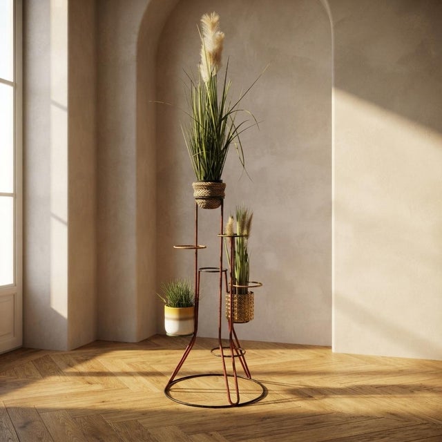 A distinctive vintage multi-tier flower stand featuring a sculptural painted metal frame with multiple circular holders...