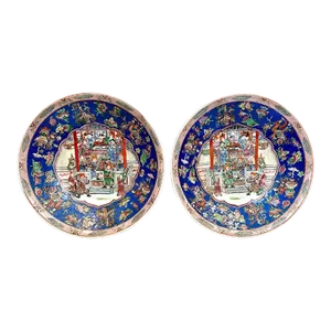 1960s Pair Large Vintage Famille Rose Chinese Export Hand Painted Cobalt Blue Chargers
