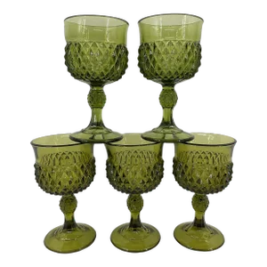 1960s Diamond Point by Indiana Glass Dark Green Avccado Water Goblets- Set of 5