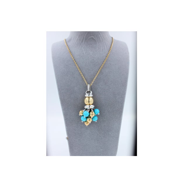 Modern Blue Turquoise Diamonds Golden Sphere Bells Motif Two Tone Gold Pendant Necklace For Sale - Image 3 of 15