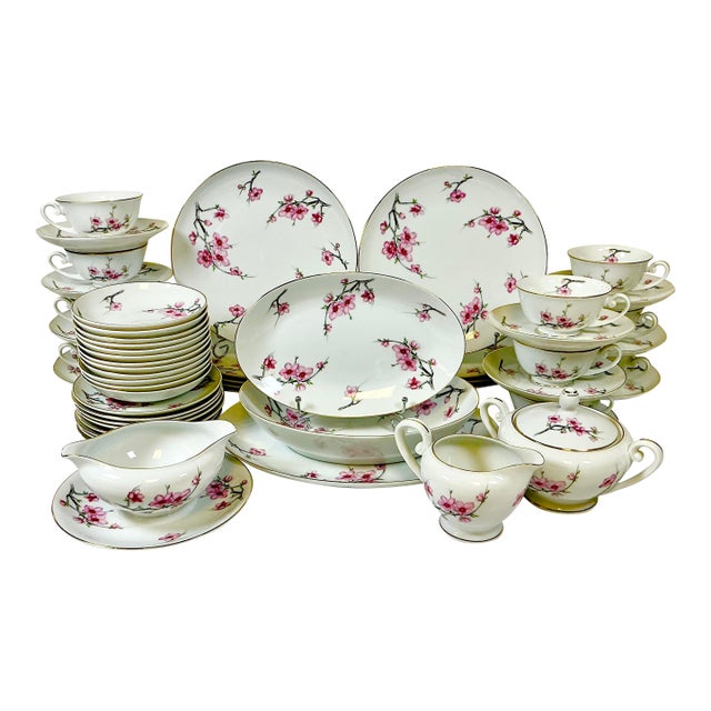 1940s Vintage Hollywood Regency Japanese Minimalist Cherry Blossom Dinnerware - Set of 56 For Sale