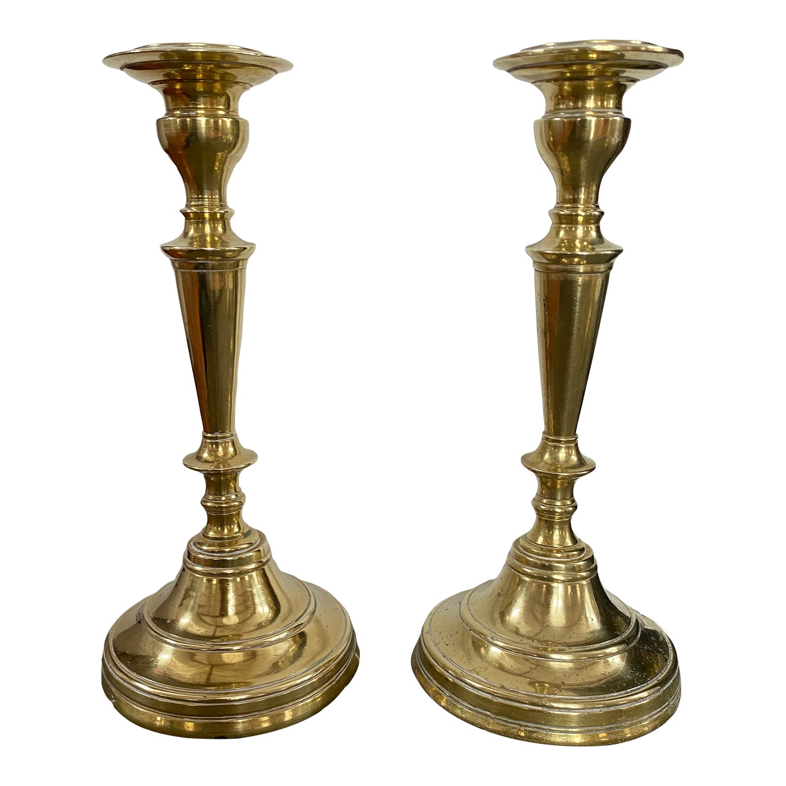 Pair French 19th Century Candlesticks Solid Brass Early Round Baluster ...