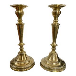 Pair French 19th Century Candlesticks Solid Brass Early Round Baluster Stems Candle Holders For Sale