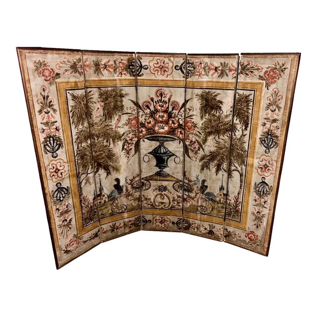 Swedish Painted Five-Panel Screen 18th Century Painted Canvas Panels, Assembled 20th Century For Sale