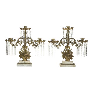 Pair of Antique Bronze & Crystal Three-Light Floral Basket Girandoles C1880 For Sale