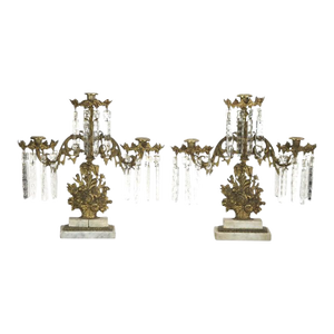 Pair of Antique Bronze & Crystal Three-Light Floral Basket Girandoles C1880