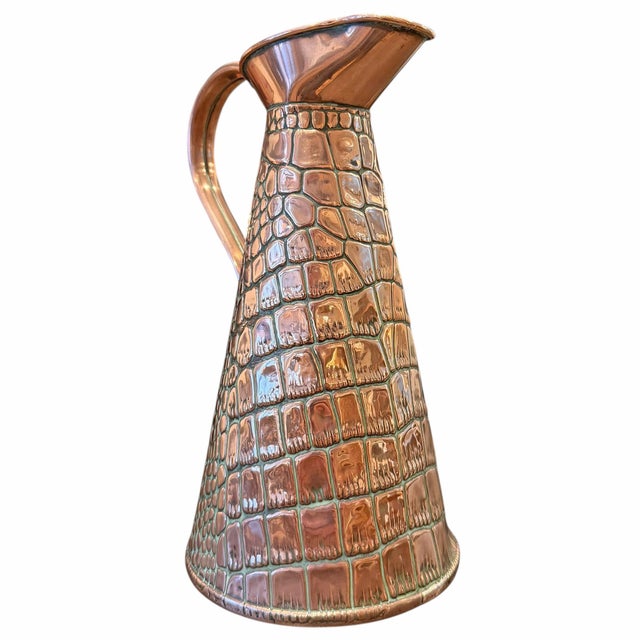 Modern English Arts & Crafts Crocodile Stamped Copper Pitcher For Sale - Image 3 of 11