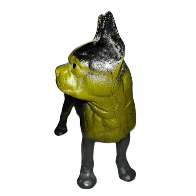 Vintage Cast Iron French Bull Dog Boston Terrier Doorstop Statue 1930s Black w/Green Face 4.5ʺW × 10” D× 10”H