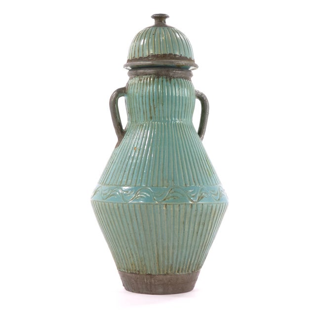 Moroccan Pair Large Moroccan Turquoise Crackle Glaze Lidded Ceramic Urns For Sale - Image 3 of 12