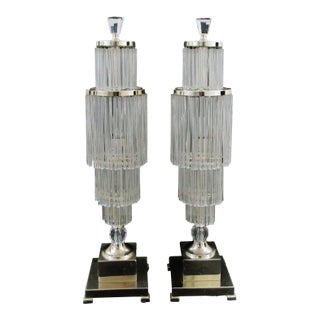1990s Art Deco Style 4-Tiered Crystal Rods and Chrome Table Lamps - a Pair For Sale
