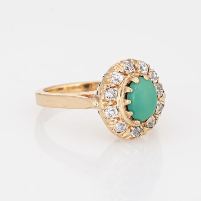 Victorian Antique Victorian Turquoise Diamond Ring Vintage 14 Karat Gold Mine Cut Halo size 6 For Sale - Image 3 of 7