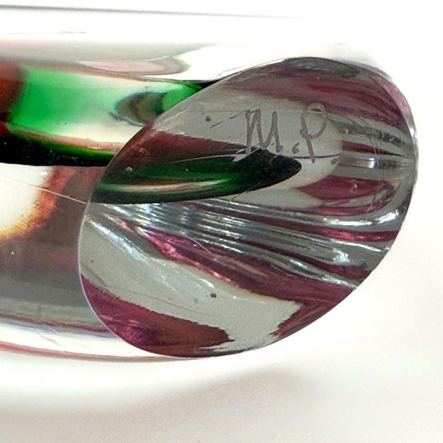 Signed Art Glass Sommerso Teardrop Sculpture Paperweight, Red & Green Encased Glass For Sale - Image 4 of 6