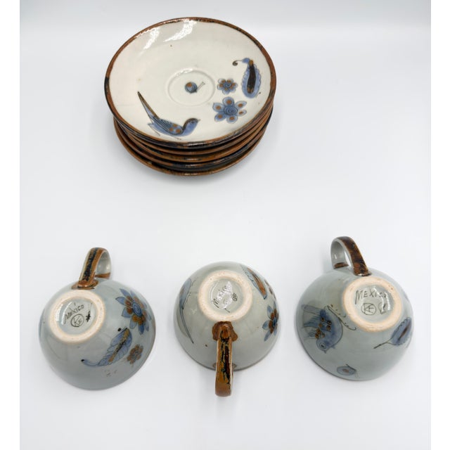 Ken Edwards 1960s El Palomar Tonala Coffee Tea Cups & Plates Mexico Folk Art Pottery - Set of 8 For Sale - Image 11 of 13