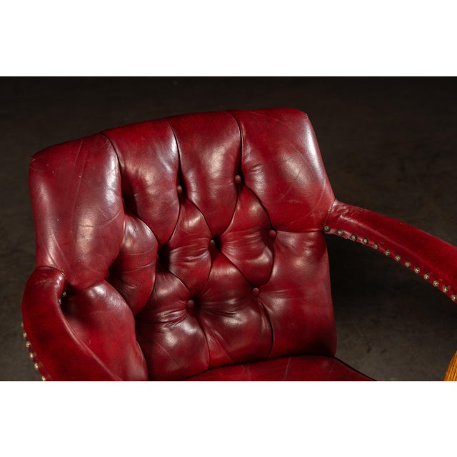 Late 20th Century Set of Four Tufted Leather Bankers Chairs in Red For Sale - Image 11 of 17