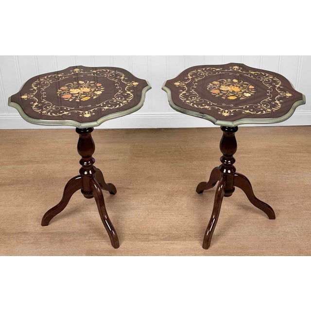 Victorian Vintage Italian Rococo Floral Marquetry Fruitwood TurtleTop Side Tables - A Pair For Sale - Image 3 of 10