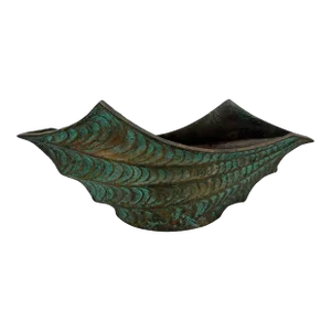 Vintage 1930s Japanese Sculptured Wave Cast Iron Planter With Bronze Verdigris Patina