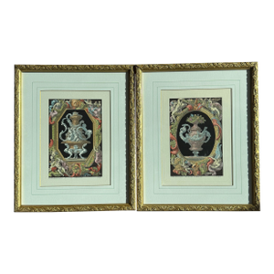 Pair of Antique Hand Colored Etching Plates of Vases by Jean Le Pautre, Framed