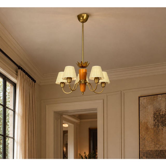 ASEA, Swedish Mid-Century Modern, Pendant Light or Chandelier, Brass, Elm, Fabric, Sweden, Sweden, 1947 A unique model A...
