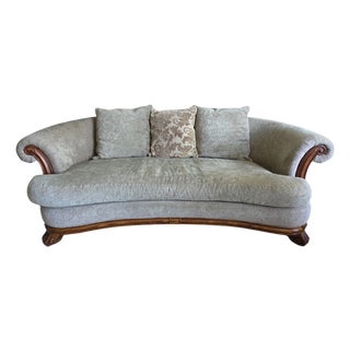 Late 20th Century Bernhardt Curved Sofa With Rolled Back + Carved Wood Base For Sale