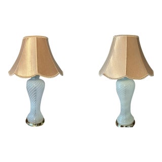 Vintage Light Blue Swirled Murano Glass Table Lamps With Fabric Shades - Pair For Sale