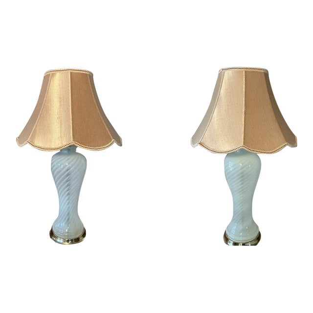 Vintage Light Blue Swirled Murano Glass Table Lamps With Fabric Shades - Pair For Sale