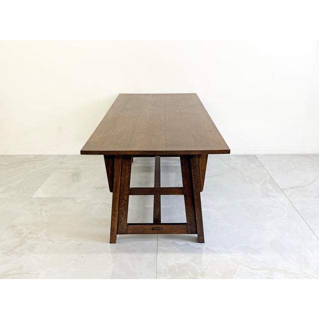 Arts & Crafts American Arts and Crafts Solid Oak Trestle Dining Table, 1960's For Sale - Image 3 of 8