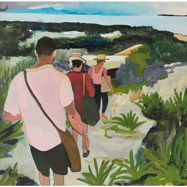 Javiera Da Fonseca Ilić "Picnic" Acrylic on Canvas, Figures Walking a Coastal Path With Dogs, Contemporary Figurative Painting, 2021 For Sale