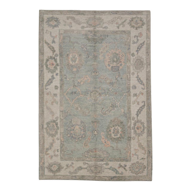 Turkish Oushak Rug Green and Blush Floral Handwoven Wool Rug 4' X 6' For Sale