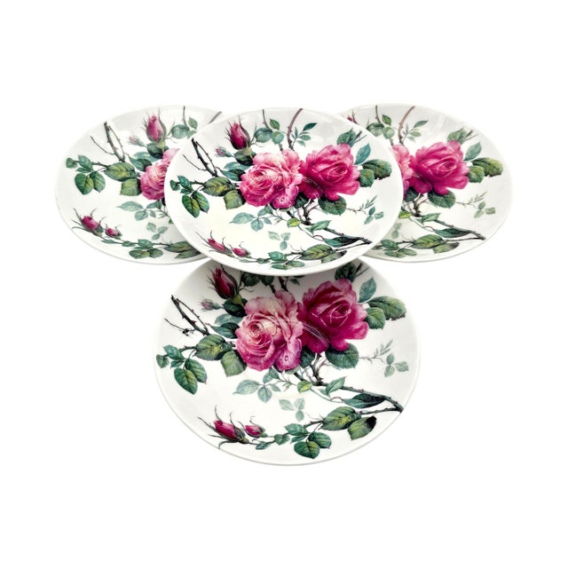 English 1990s Roy Kirkham English Rose Jumbo Teacup Saucers Bone China England 6.625" - Set of 4 For Sale - Image 3 of 12
