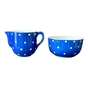 1970s Blue and White Polka Dot Swedish Creamer and Sugar Bowl Gefle Amanita