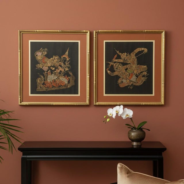 Burnt Orange Vintage Thai Silk Paintings-Pair-Ramakien-Thailand Framed Asian Art-Mythology For Sale - Image 8 of 10