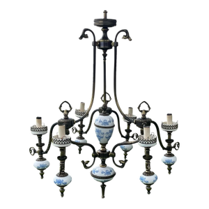 Vintage Six Light Porcelain and Brass Chandelier Made in Spain