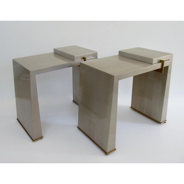 Contemporary C.1990's Thomas Pheasant(Designer) for Baker Furniture Co. (Mfr.) -Platinum Silver Leaf & Bronze Modernist "Stratum" Side/Occ. Tables -Pair For Sale - Image 3 of 13