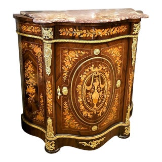 Exquisite French Accent Cabinet With Floral Marquetry, Marble Top & Bronze Mounts For Sale