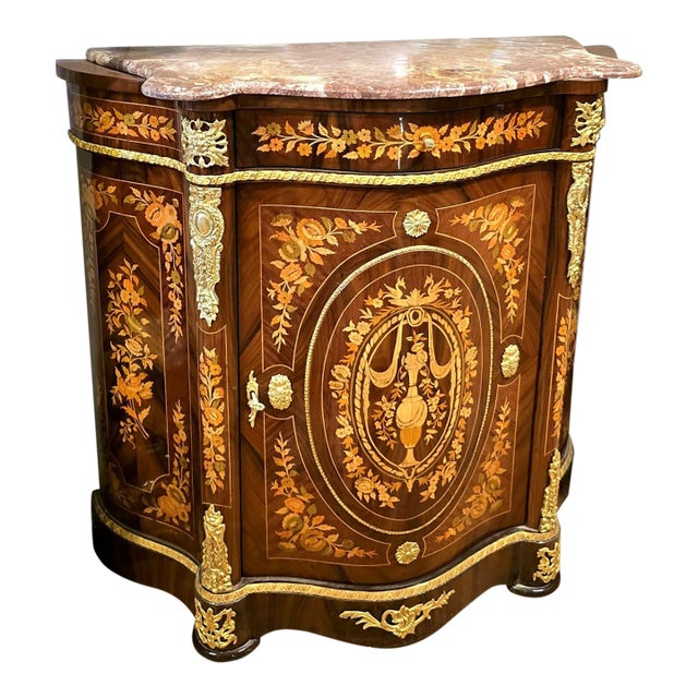 Exquisite French Accent Cabinet With Floral Marquetry, Marble Top & Bronze Mounts For Sale