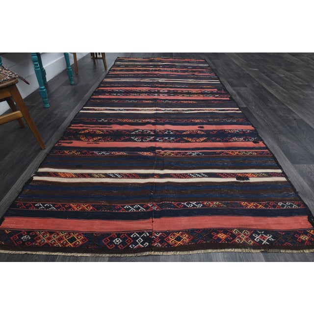 Turkish 1970s Vintage Handmade Wool Cotton Dark Blue Runner Rug For Sale - Image 3 of 11