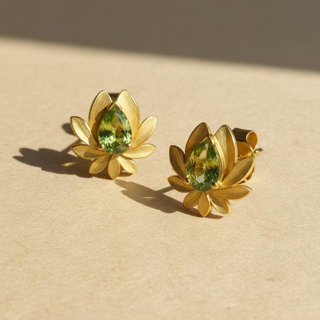 Pear-Cut Peridot Lutus Flower Earrings Studs, Silver, Gold, Pair For Sale - Image 4 of 8