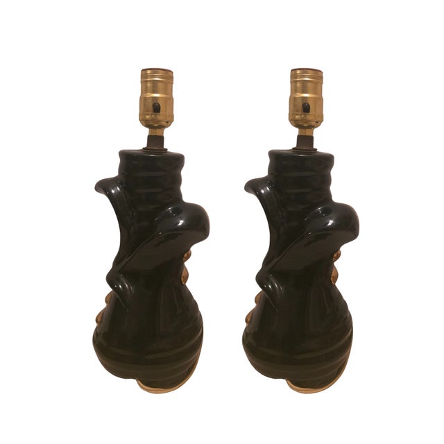 Pair of 1950s Black Glazed Ceramic Lamps With Gold Gilt Accents For Sale - Image 4 of 8